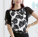 Elegant Women Shirts Flower Print Blouse Ruffled Short Sleeve Women Tops 2017 Summer Chiffon Blouse Female Blusas Plus Size XXXL
