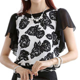 Elegant Women Shirts Flower Print Blouse Ruffled Short Sleeve Women Tops 2017 Summer Chiffon Blouse Female Blusas Plus Size XXXL