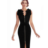 Elegant Women Party Dress 2017 Summer Elegant Ruffles Work Dress Sleeveless Party Dress Female Vestidos V-neck Split Robes Tunic