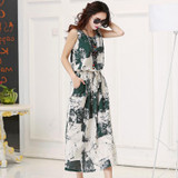 Elegant Women Linen Summer Dress Sleeveless Floral Casual Dress Fashion Female Long Dresses Adjust Waist Vintage Vestido Retro