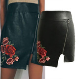 Elegant Women Leather Skirt Split Zipper High Waist Flower Embroidery Mini Skirts Womens Black Slim Casual Short Skirt Femininas