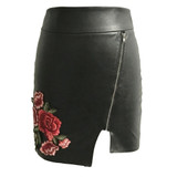 Elegant Women Leather Skirt Split Zipper High Waist Flower Embroidery Mini Skirts Womens Black Slim Casual Short Skirt Femininas