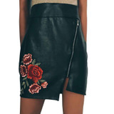 Elegant Women Leather Skirt Split Zipper High Waist Flower Embroidery Mini Skirts Womens Black Slim Casual Short Skirt Femininas