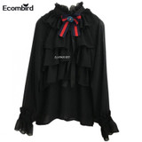 Ecombird 2017 Spring Summer Fashion Runway Women Tops Blouses Long Sleeves Stand Collar Bow Ruffles lady Shirts Blusas feminina