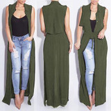 Echoine Chiffon Jacket Turn Down Collar With Sashed Slim Long Coats Summer/Spring Plus Size XXL Sleeveless Elegant Outwear Black