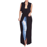 Echoine Chiffon Jacket Turn Down Collar With Sashed Slim Long Coats Summer/Spring Plus Size XXL Sleeveless Elegant Outwear Black