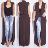 Echoine Chiffon Jacket Turn Down Collar With Sashed Slim Long Coats Summer/Spring Plus Size XXL Sleeveless Elegant Outwear Black