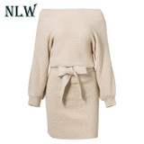 NLW Beige Sexy Off Shoulder Knitted Dress Women Loose Casual Autumn Winter Long Sleeve High Waist Gray Sweater Dresses Vestidos
