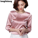 2018 New Silk Blouse Women Tops Fashion Elegant O-neck Three Quarter Sleeve Solid Shirt Women Blouses Casual Blusas Femininas