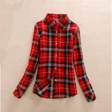 2018 New Red Women Flannel Plaid Shirt Autumn Winter Casual Cotton Long Sleeve Fashion Office Blouses Shirts Female Clothing