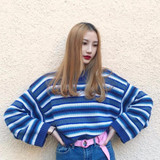 2018 new retro old school street girl unif embroidery striped blue pullover loose and short knitted sweater women and men