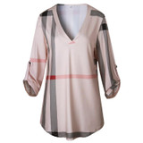 2018 New Plaid Printed Shirt Chiffon Blouse Women's V Neck Office Long Sleeve White Black Brown Blusa Feminina Tops for women