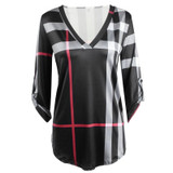 2018 New Plaid Printed Shirt Chiffon Blouse Women's V Neck Office Long Sleeve White Black Brown Blusa Feminina Tops for women