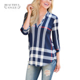 2018 New Plaid Printed Shirt Chiffon Blouse Women's V Neck Office Long Sleeve White Black Brown Blusa Feminina Tops for women