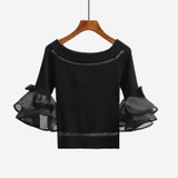 2018 New off shoulder cropped knitted shirt white sweater tops women slash neck sexy flare sleeve striped pullovers korean blusa