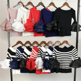 2018 New off shoulder cropped knitted shirt white sweater tops women slash neck sexy flare sleeve striped pullovers korean blusa