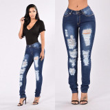 2018 new jeans woman ripped dark blue trousers Mid waist hole pencil jeans Cotton stretch bodycon sexy skinny denim pants women