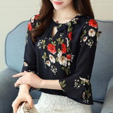 2018 New flower printing Women Blouses shirt flare Sleeve Chiffon women's clothing casual V Collar bow women tops Blusas D278 30