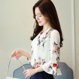 2018 New flower printing Women Blouses shirt flare Sleeve Chiffon women's clothing casual V Collar bow women tops Blusas D278 30