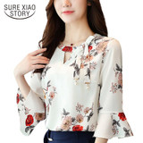 2018 New flower printing Women Blouses shirt flare Sleeve Chiffon women's clothing casual V Collar bow women tops Blusas D278 30