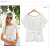 2018 New Fashion Women Bowknot Blouses O-Neck Short Sleeve Sexy Shirt Chiffon Casual Top Blusas Rose Blue White Plus Size S-XXXL