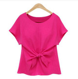 2018 New Fashion Women Bowknot Blouses O-Neck Short Sleeve Sexy Shirt Chiffon Casual Top Blusas Rose Blue White Plus Size S-XXXL