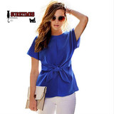 2018 New Fashion Women Bowknot Blouses O-Neck Short Sleeve Sexy Shirt Chiffon Casual Top Blusas Rose Blue White Plus Size S-XXXL