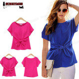 2018 New Fashion Women Bowknot Blouses O-Neck Short Sleeve Sexy Shirt Chiffon Casual Top Blusas Rose Blue White Plus Size S-XXXL