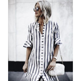 2018 New Fashion Women Black White Striped Dress Casual Flare Half Sleeve Loose O Neck Dresses Women Summer Button Shirt Dress