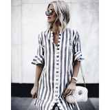 2018 New Fashion Women Black White Striped Dress Casual Flare Half Sleeve Loose O Neck Dresses Women Summer Button Shirt Dress