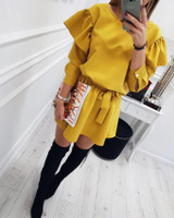 2018 New Fancyfashion Yellow women's new sweet flounced dress V-Neck Loose elegant Evening Party Bodycon Mini Dress