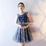 Dark Navy Lace Prom Dress 2017 Scoop Sleeveless Tulle Party Evening Gowns Ball Short Special Occasion Dresses New robe de soiree