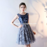 Dark Navy Lace Prom Dress 2017 Scoop Sleeveless Tulle Party Evening Gowns Ball Short Special Occasion Dresses New robe de soiree