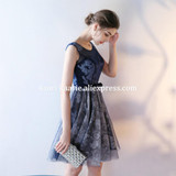 Dark Navy Lace Prom Dress 2017 Scoop Sleeveless Tulle Party Evening Gowns Ball Short Special Occasion Dresses New robe de soiree