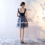 Dark Navy Lace Prom Dress 2017 Scoop Sleeveless Tulle Party Evening Gowns Ball Short Special Occasion Dresses New robe de soiree