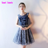 Dark Navy Lace Prom Dress 2017 Scoop Sleeveless Tulle Party Evening Gowns Ball Short Special Occasion Dresses New robe de soiree