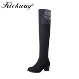 Kickway Women Winter Boots Stretch Slim Over Knee Boots With Fur Black Thigh High Boots Shoes Woman Round Toe crystal boots shoe