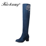 Kickway Women Winter Boots Stretch Slim Over Knee Boots With Fur Black Thigh High Boots Shoes Woman Round Toe crystal boots shoe