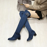 Kickway Women Winter Boots Stretch Slim Over Knee Boots With Fur Black Thigh High Boots Shoes Woman Round Toe crystal boots shoe