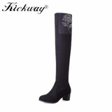 Kickway Women Winter Boots Stretch Slim Over Knee Boots With Fur Black Thigh High Boots Shoes Woman Round Toe crystal boots shoe