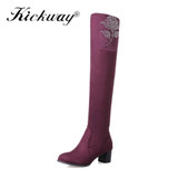 Kickway Women Winter Boots Stretch Slim Over Knee Boots With Fur Black Thigh High Boots Shoes Woman Round Toe crystal boots shoe