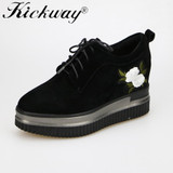 Kickway women height increasing platform shoes mujer kid suede genuine women shoes round toe lace up party shoes for ladies 42