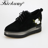 Kickway women height increasing platform shoes mujer kid suede genuine women shoes round toe lace up party shoes for ladies 42