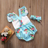 Baby Girl Clothes Bodysuits Floral Baby Girls Bodysuit One-piece Blue Sunsuit Headband Children Clothing 0-24M