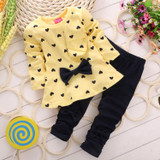 Baby Girl 2PCS Cloth Set Clothing Set T shirt + Pants Heart-shaped Print Bow Cute Children Cloth Suit Top