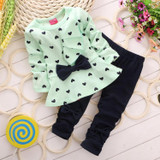 Baby Girl 2PCS Cloth Set Clothing Set T shirt + Pants Heart-shaped Print Bow Cute Children Cloth Suit Top