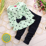 Baby Girl 2PCS Cloth Set Clothing Set T shirt + Pants Heart-shaped Print Bow Cute Children Cloth Suit Top