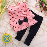 Baby Girl 2PCS Cloth Set Clothing Set T shirt + Pants Heart-shaped Print Bow Cute Children Cloth Suit Top