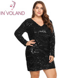 IN'VOLAND Women's Dress Plus Size Sexy Deep V-Neck Long Sleeve Sequined Bodycon Cocktail Club Sheath Loose Ladies Dresses