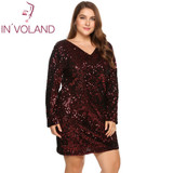 IN'VOLAND Women's Dress Plus Size Sexy Deep V-Neck Long Sleeve Sequined Bodycon Cocktail Club Sheath Loose Ladies Dresses